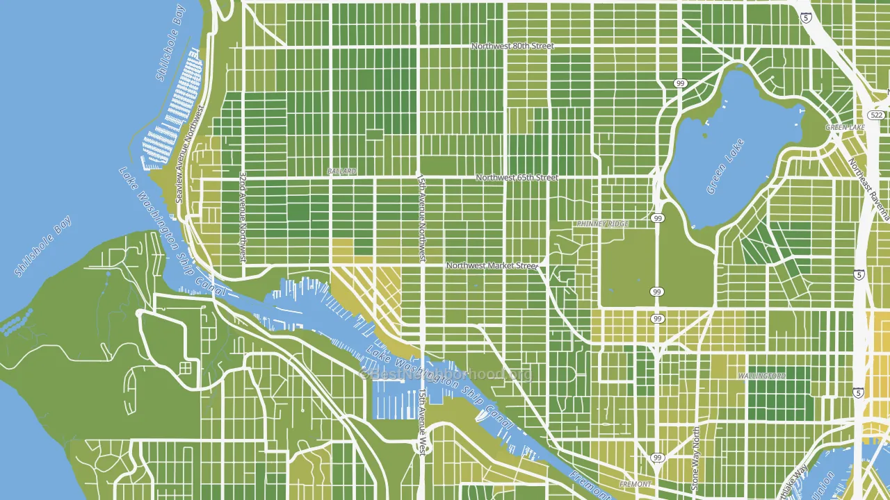 Map of the best neighborhoods in the Ballard, Seattle area, with better matches in green and worse matches in red