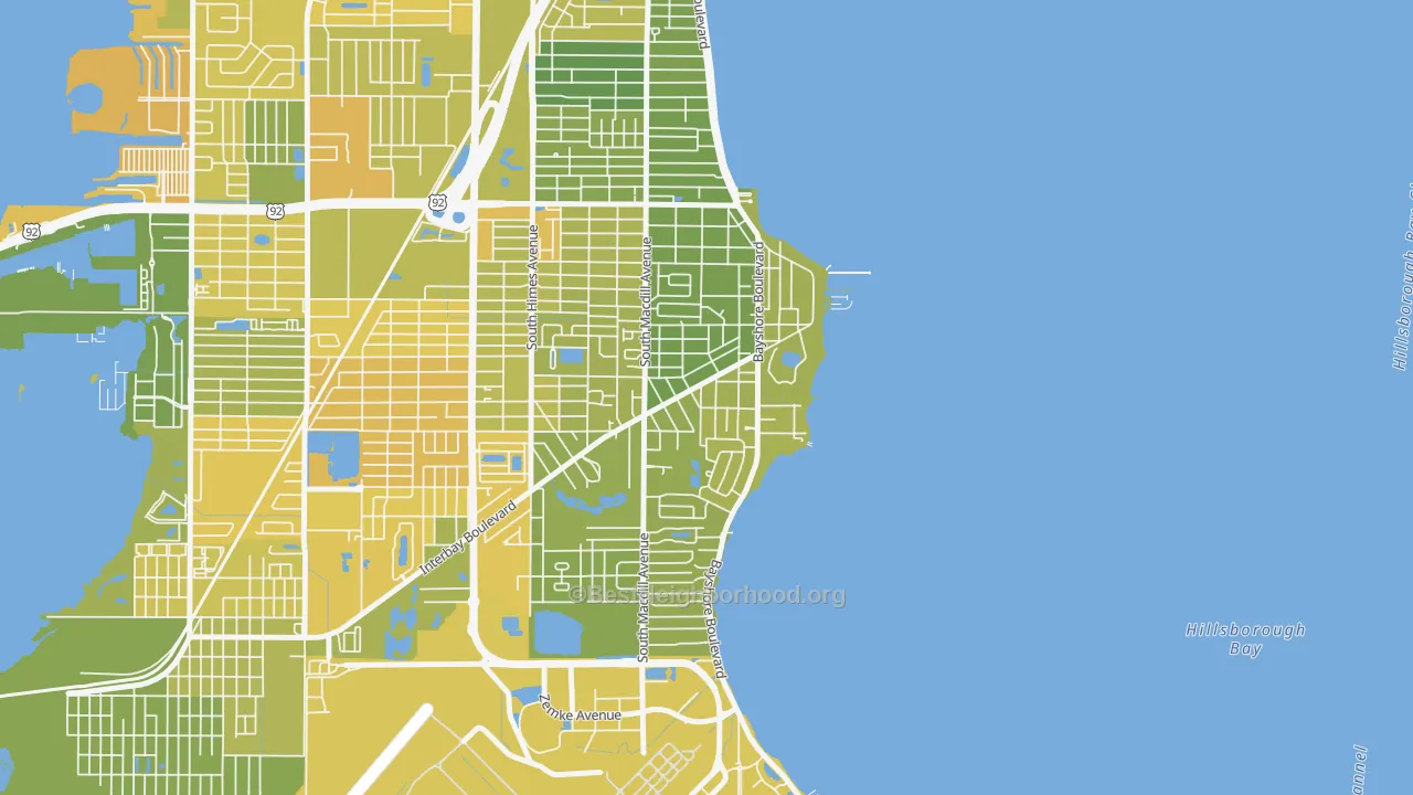 Map of the best neighborhoods in the Ballast Point, Tampa area, with better matches in green and worse matches in red