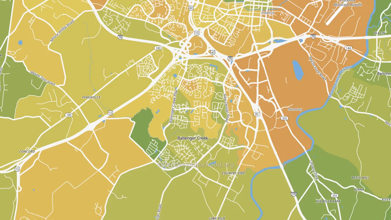 Map of the best neighborhoods in the Ballenger Creek area, with better matches in green and worse matches in red