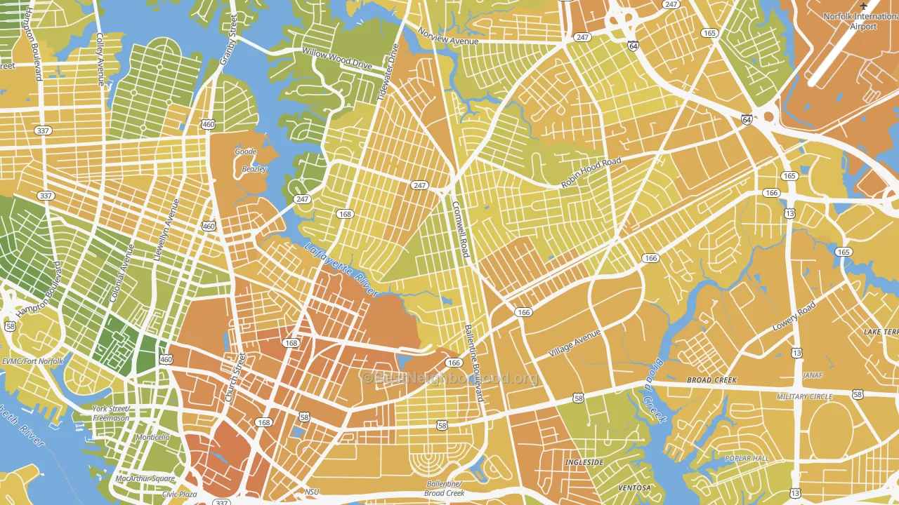 Map of the best neighborhoods in the Ballentine Place, Norfolk area, with better matches in green and worse matches in red