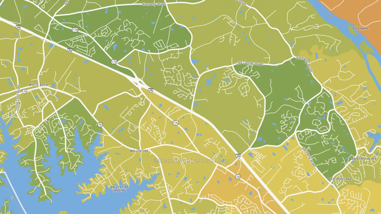 Map of the best neighborhoods in the Ballentine area, with better matches in green and worse matches in red