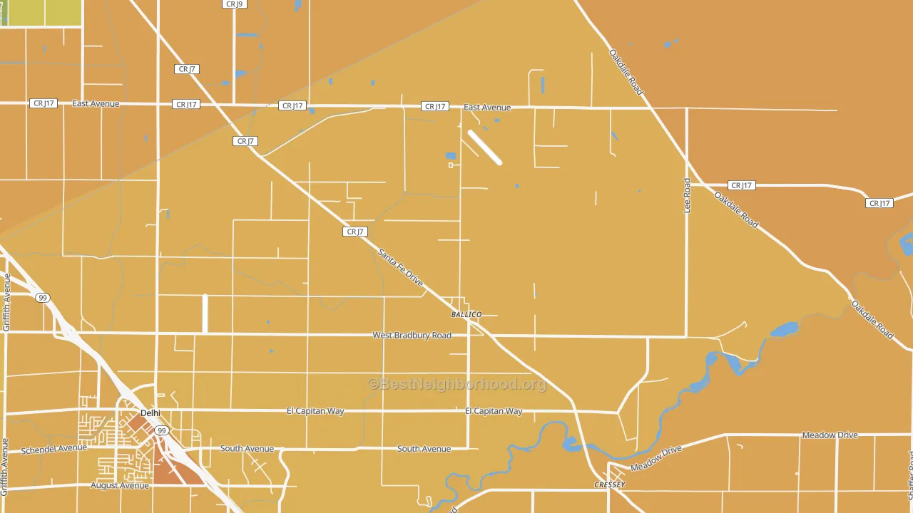 Map of the best neighborhoods in the Ballico area, with better matches in green and worse matches in red