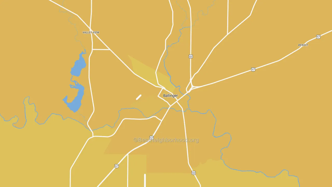 Map of the best neighborhoods in the Ballinger area, with better matches in green and worse matches in red