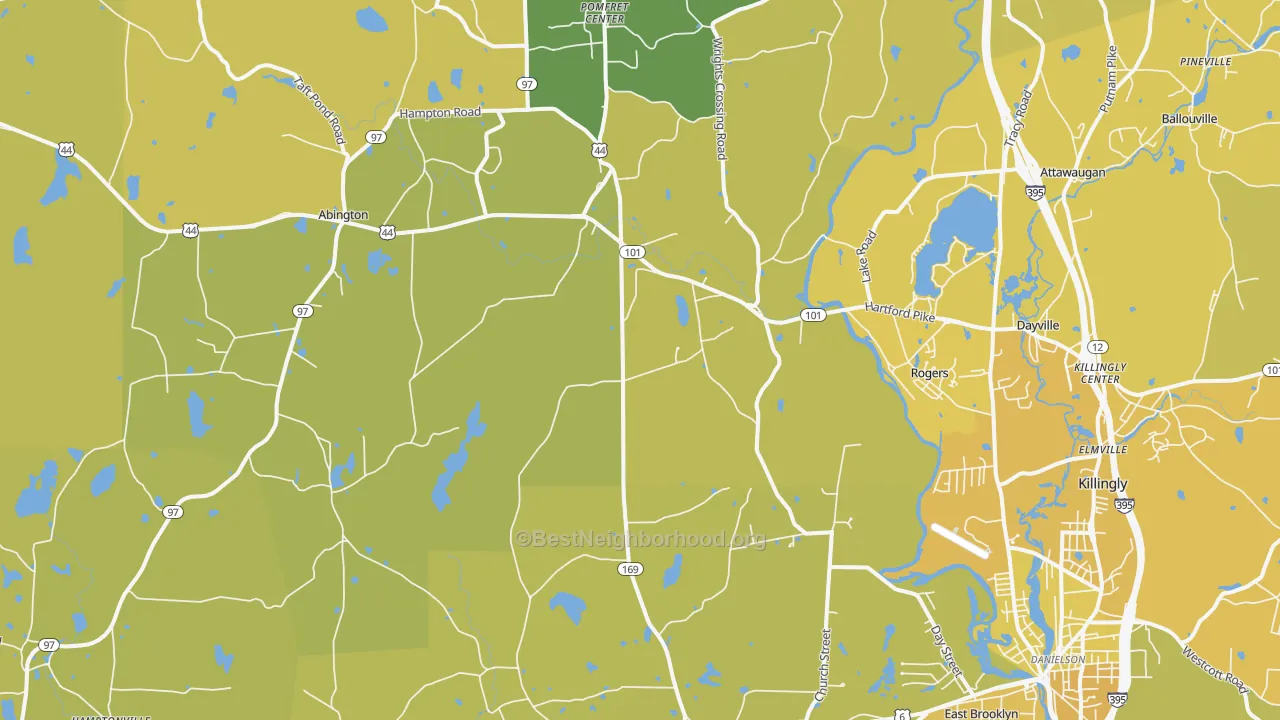 Map of the best neighborhoods in the Ballouville area, with better matches in green and worse matches in red
