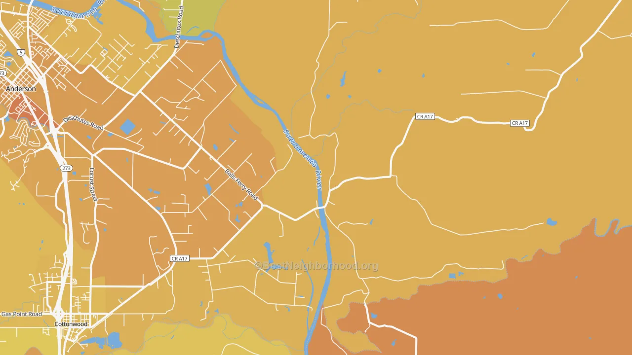 Map of the best neighborhoods in the Balls Ferry area, with better matches in green and worse matches in red