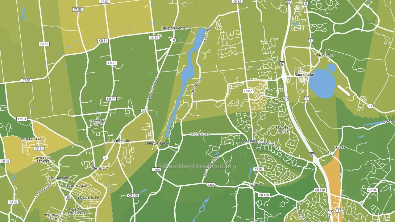 Map of the best neighborhoods in the Ballston Lake area, with better matches in green and worse matches in red