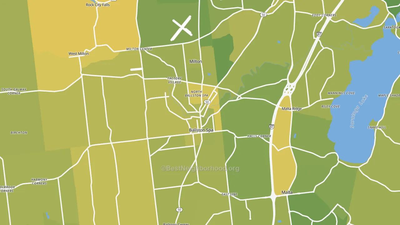 Map of the best neighborhoods in the Ballston Spa area, with better matches in green and worse matches in red