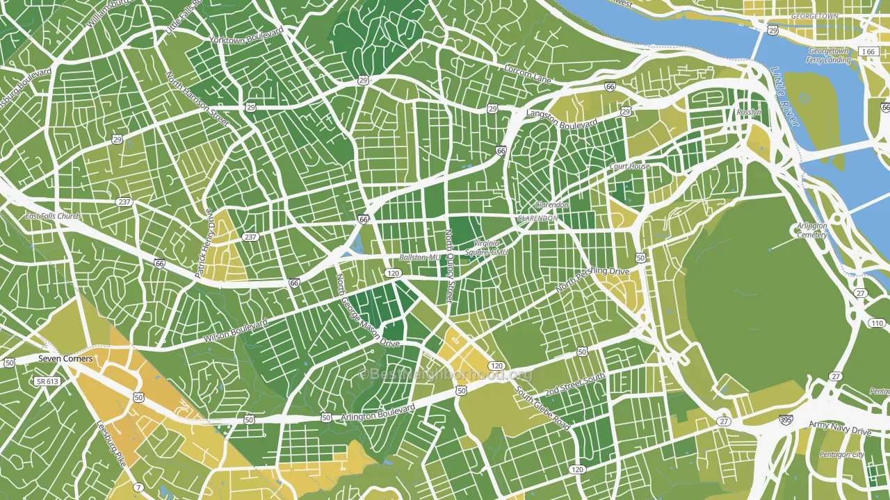 Map of the best neighborhoods in the Ballston-Virginia Square, Arlington area, with better matches in green and worse matches in red