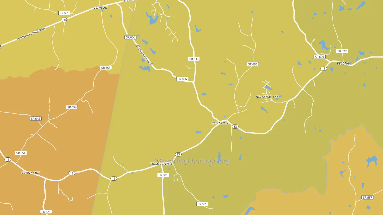 Map of the best neighborhoods in the Ballsville area, with better matches in green and worse matches in red