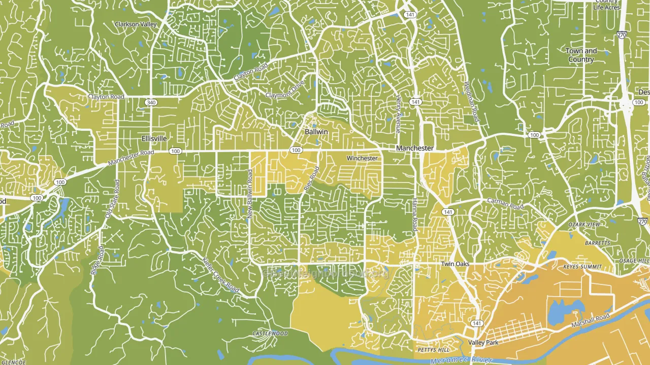 Map of the best neighborhoods in the Ballwin area, with better matches in green and worse matches in red