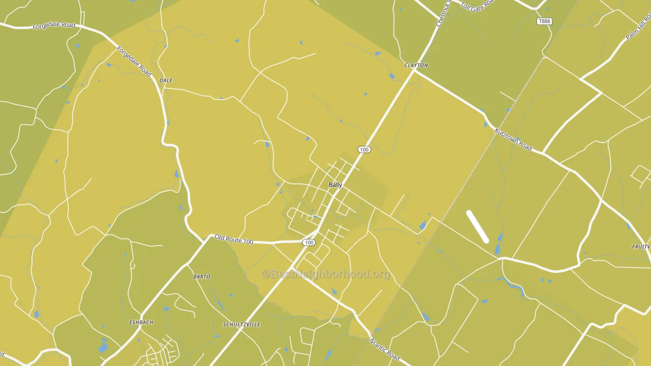 Map of the best neighborhoods in the Bally area, with better matches in green and worse matches in red