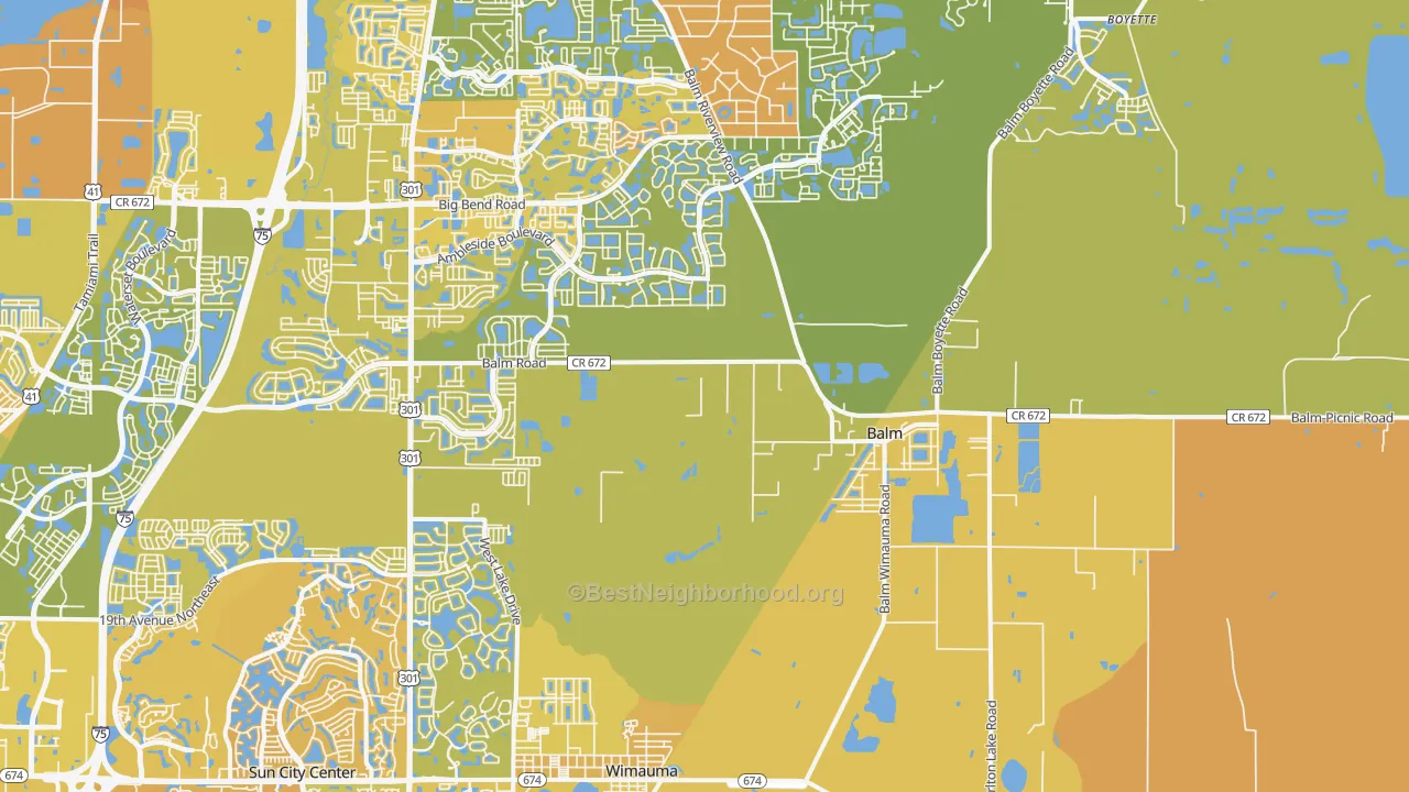 Map of the best neighborhoods in the Balm area, with better matches in green and worse matches in red