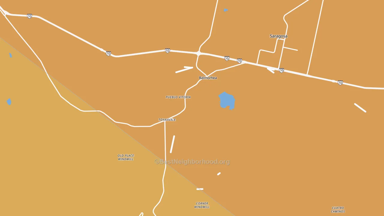 Map of the best neighborhoods in the Balmorhea area, with better matches in green and worse matches in red