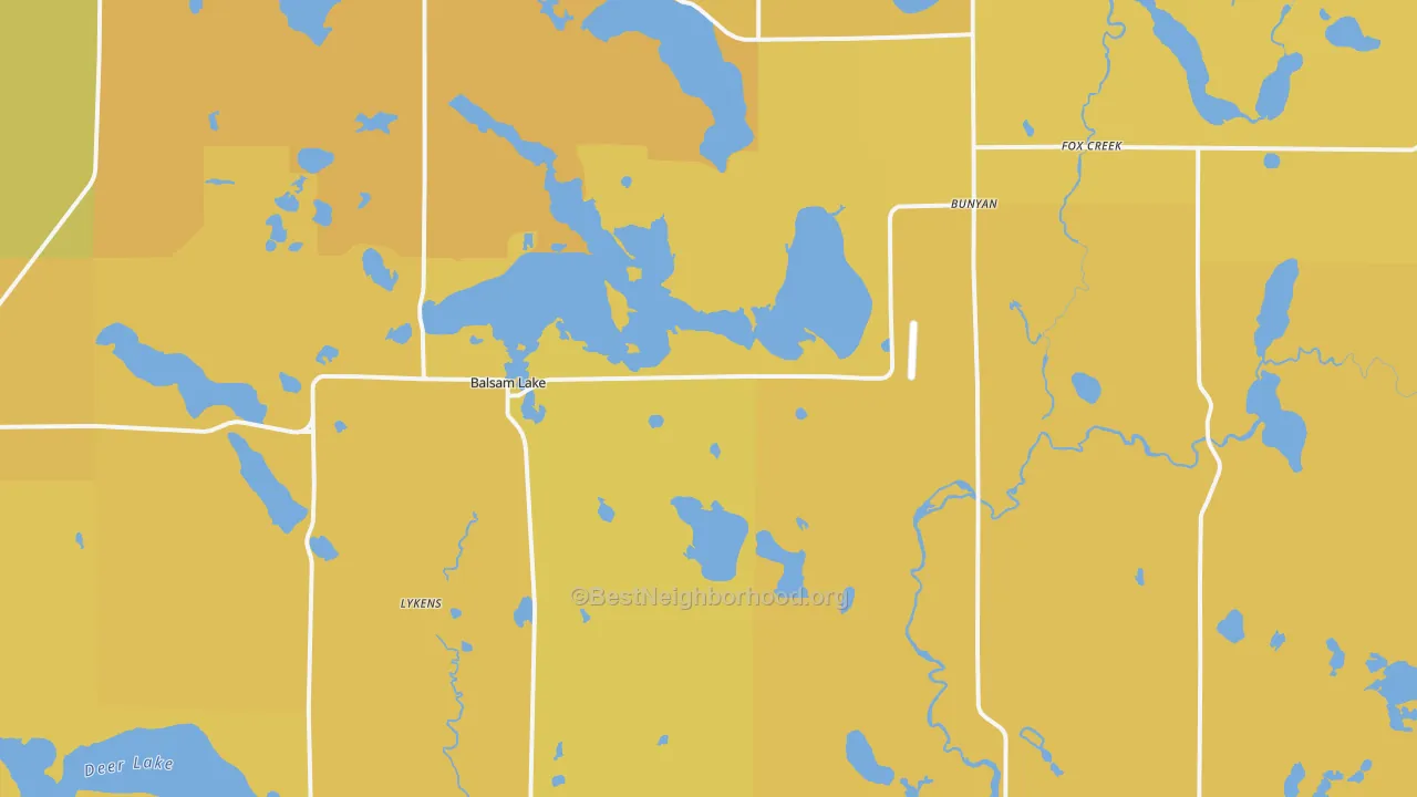Map of the best neighborhoods in the Balsam Lake area, with better matches in green and worse matches in red