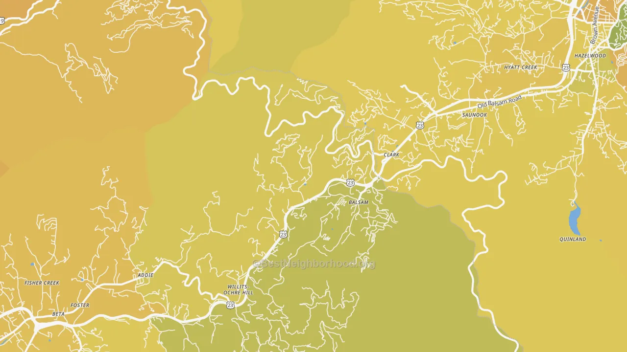 Map of the best neighborhoods in the Balsam area, with better matches in green and worse matches in red