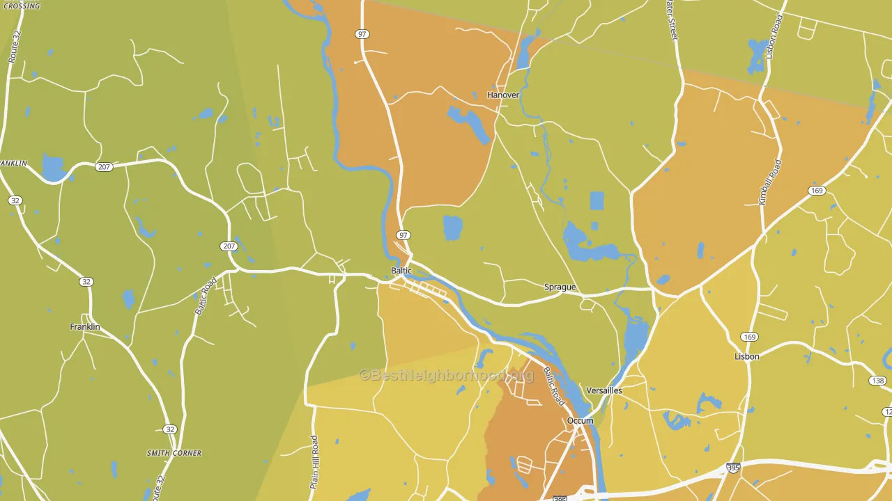 Map of the best neighborhoods in the Baltic area, with better matches in green and worse matches in red