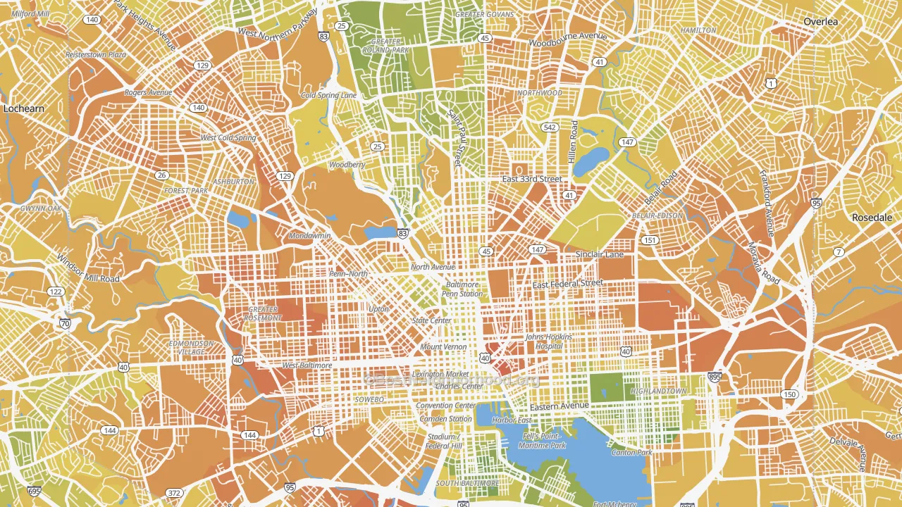 Map of the best neighborhoods in the Baltimore City area, with better matches in green and worse matches in red