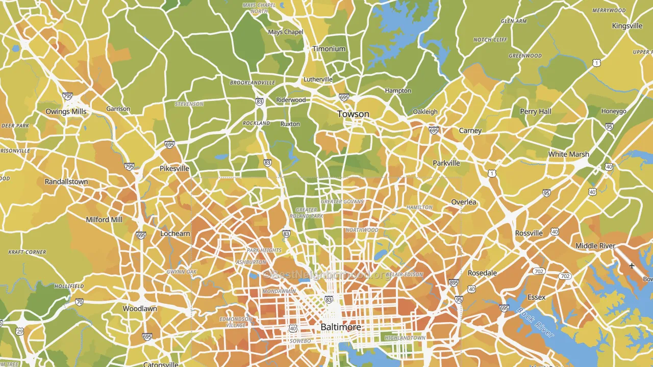 Map of the best neighborhoods in the Baltimore County area, with better matches in green and worse matches in red