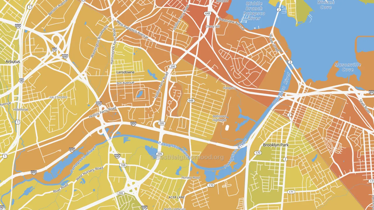 Map of the best neighborhoods in the Baltimore Highlands area, with better matches in green and worse matches in red