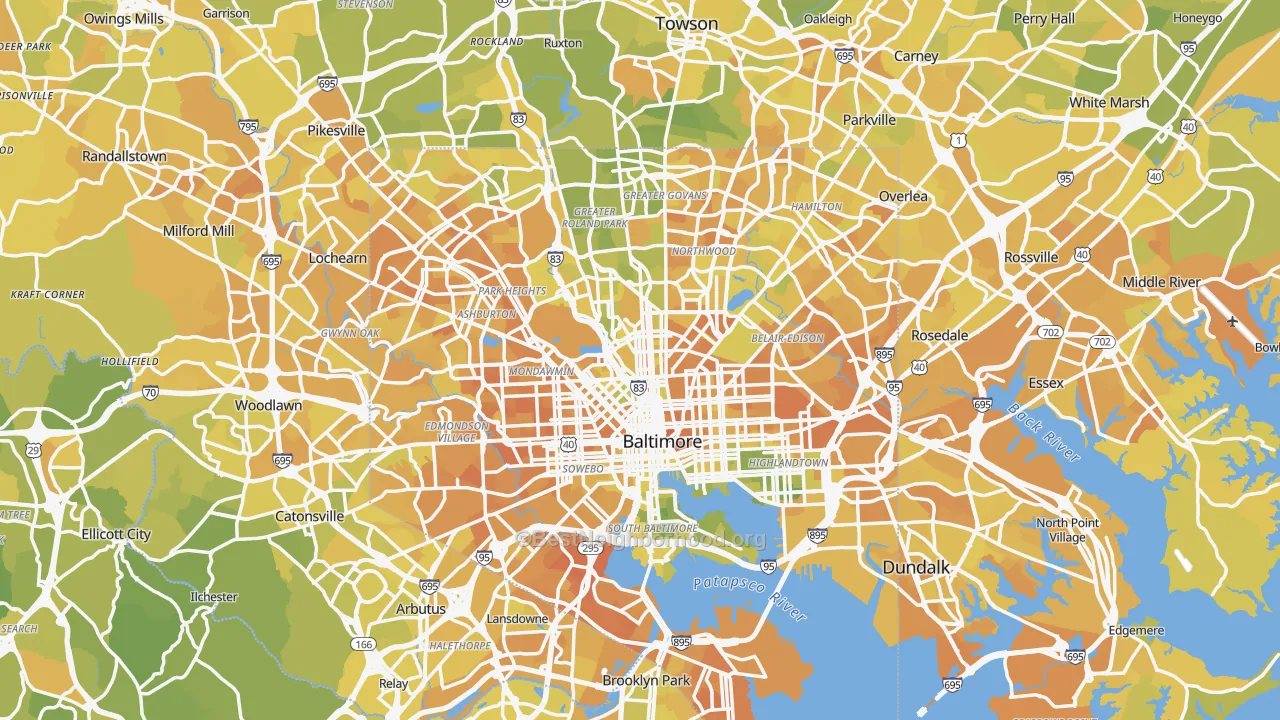 Map of the best neighborhoods in the Baltimore Metro area, with better matches in green and worse matches in red