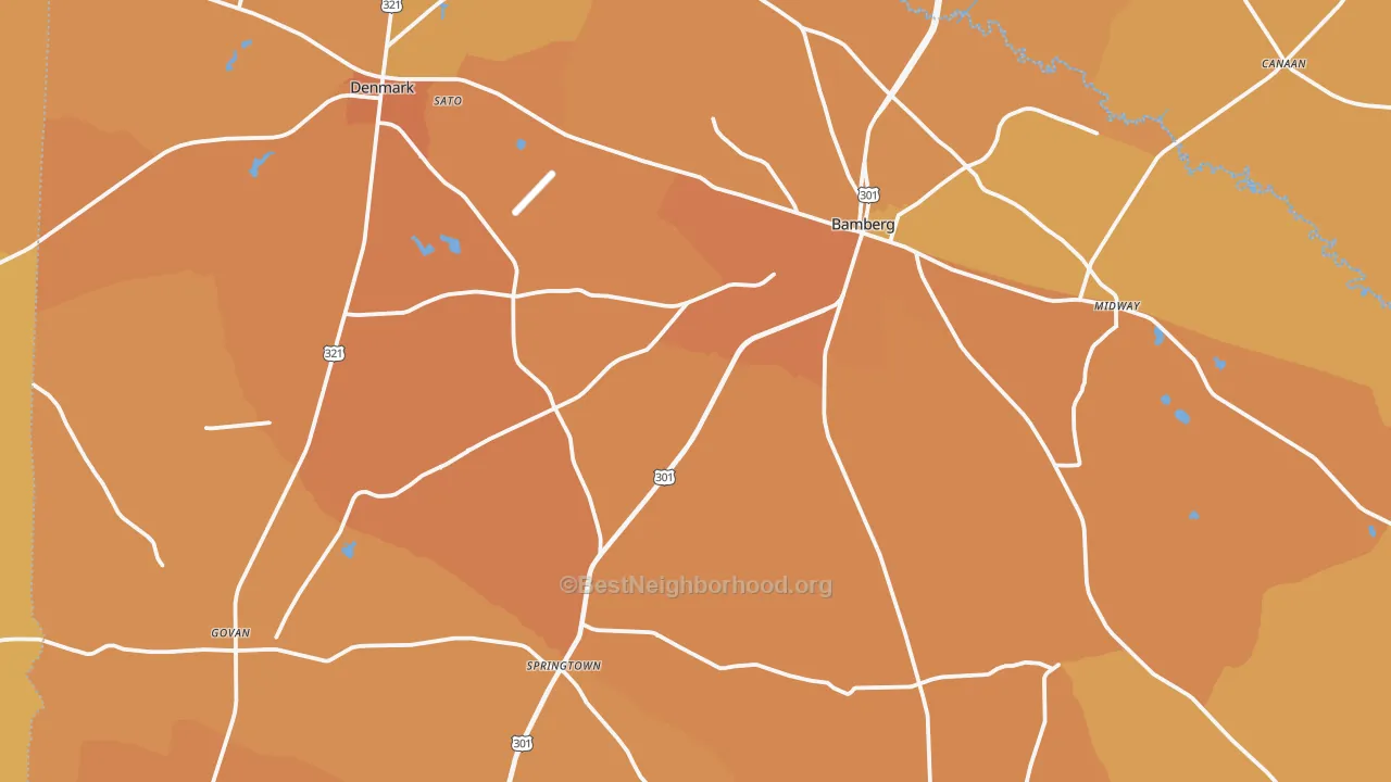 Map of the best neighborhoods in the Bamberg County area, with better matches in green and worse matches in red