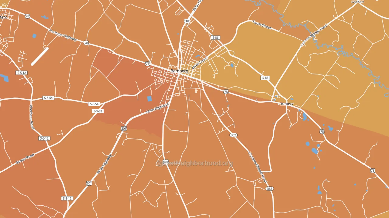 Map of the best neighborhoods in the Bamberg area, with better matches in green and worse matches in red