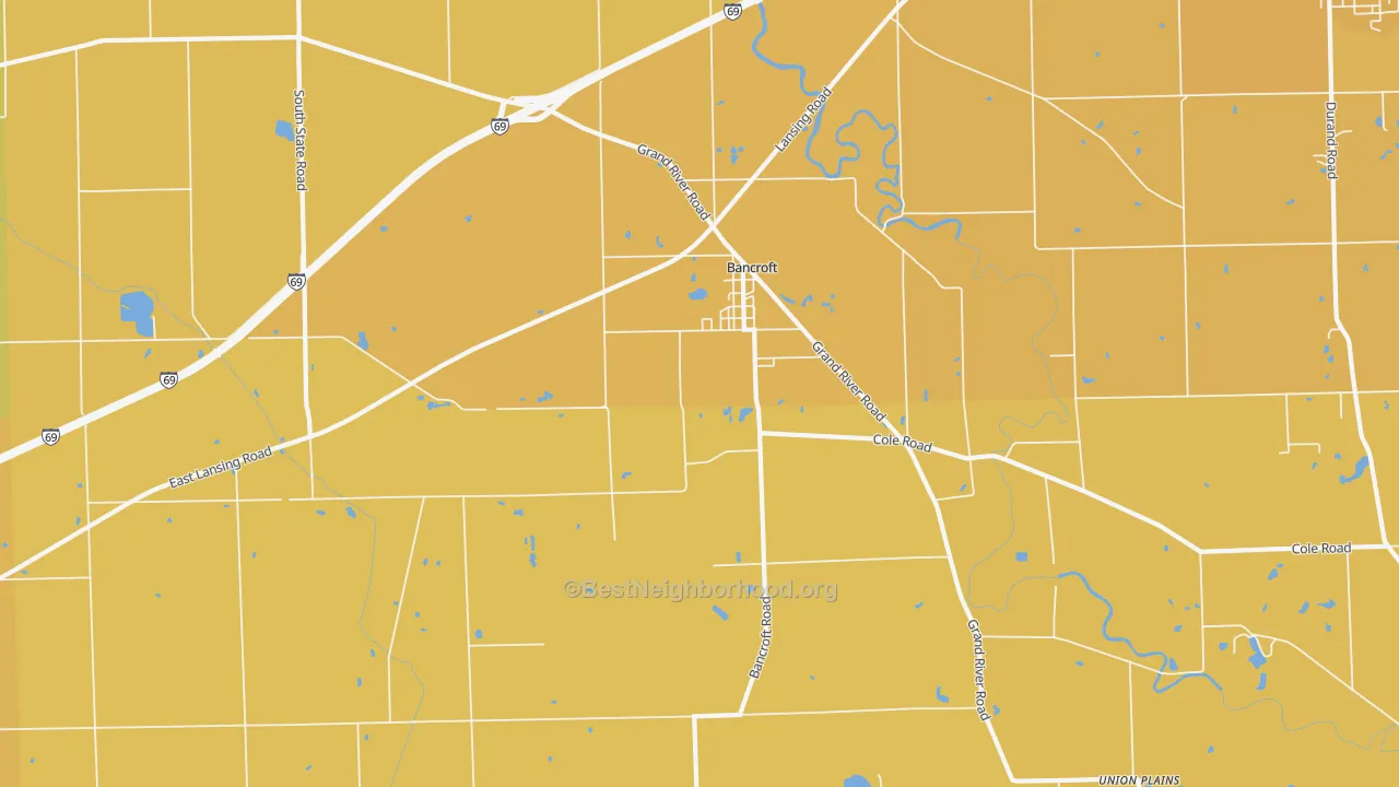 Map of the best neighborhoods in the Bancroft area, with better matches in green and worse matches in red