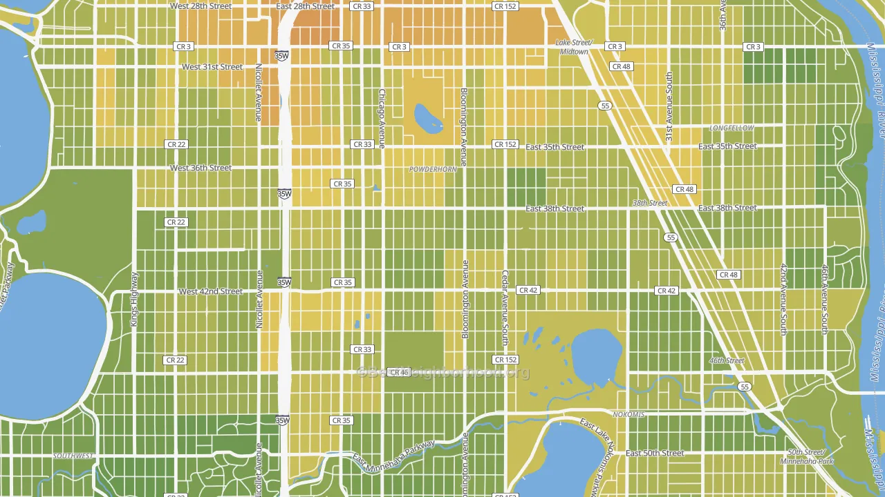 Map of the best neighborhoods in the Bancroft, Minneapolis area, with better matches in green and worse matches in red