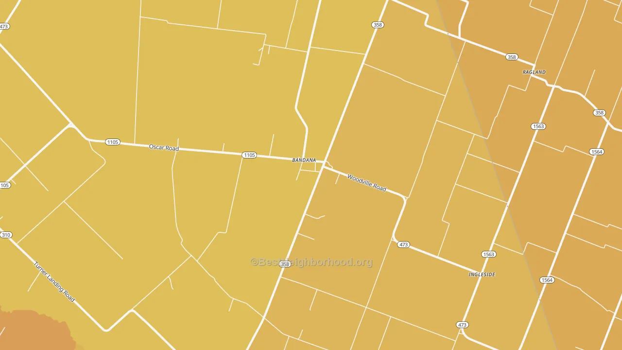 Map of the best neighborhoods in the Bandana area, with better matches in green and worse matches in red