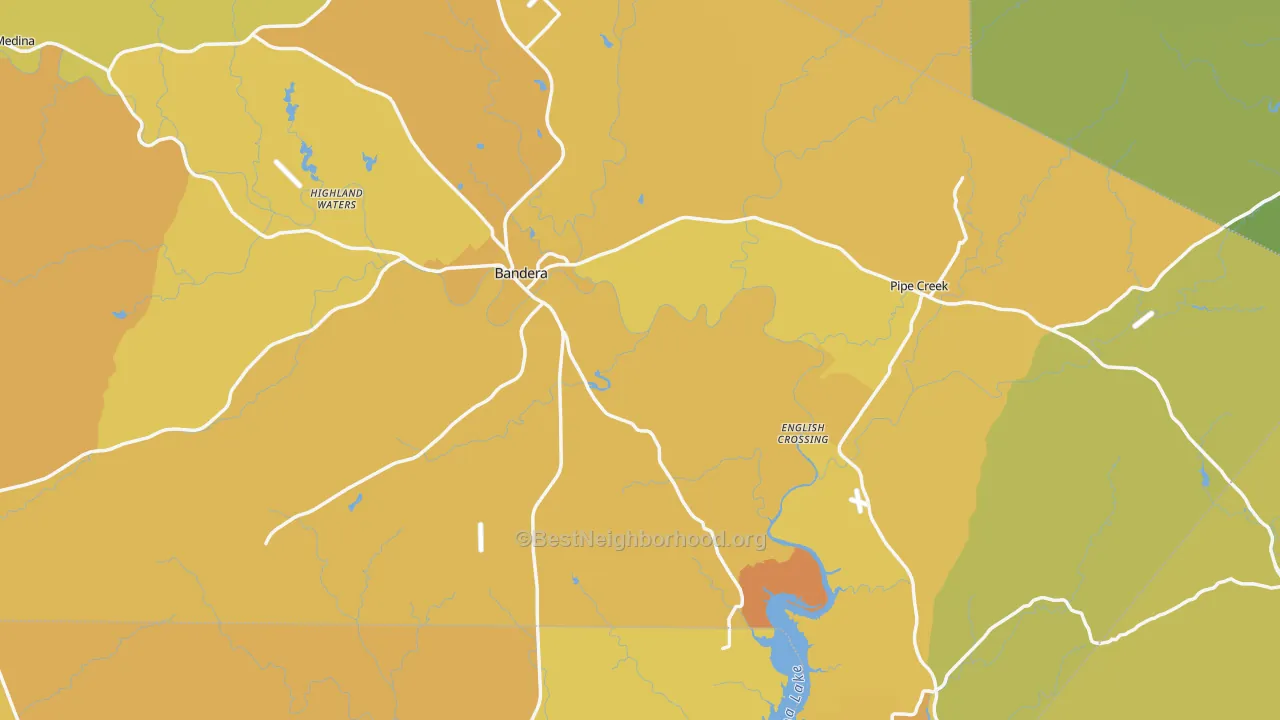 Map of the best neighborhoods in the Bandera County area, with better matches in green and worse matches in red