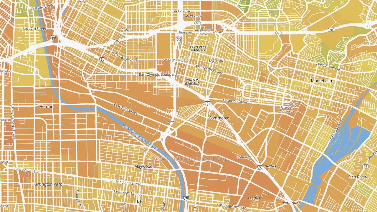 Map of the best neighborhoods in the Bandini, Commerce area, with better matches in green and worse matches in red