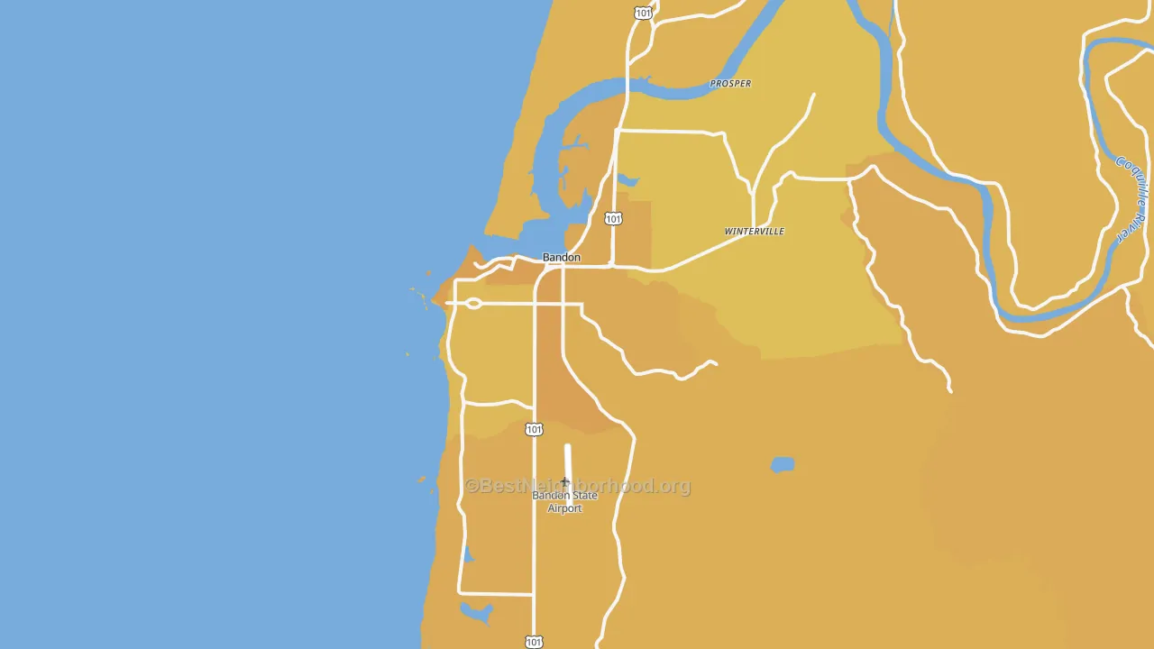 Map of the best neighborhoods in the Bandon area, with better matches in green and worse matches in red