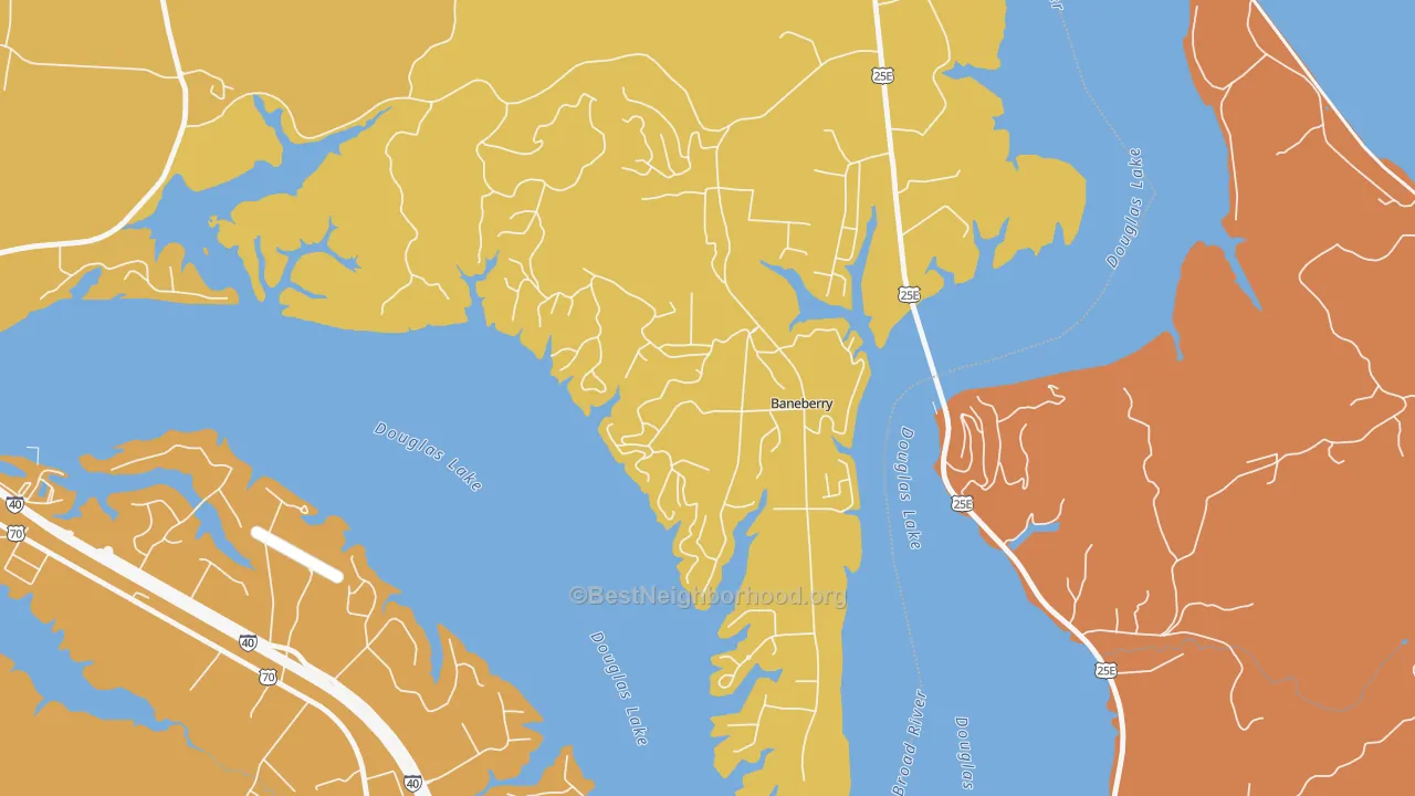 Map of the best neighborhoods in the Baneberry area, with better matches in green and worse matches in red