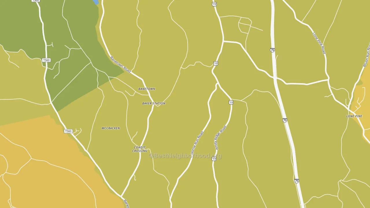 Map of the best neighborhoods in the Banetown area, with better matches in green and worse matches in red