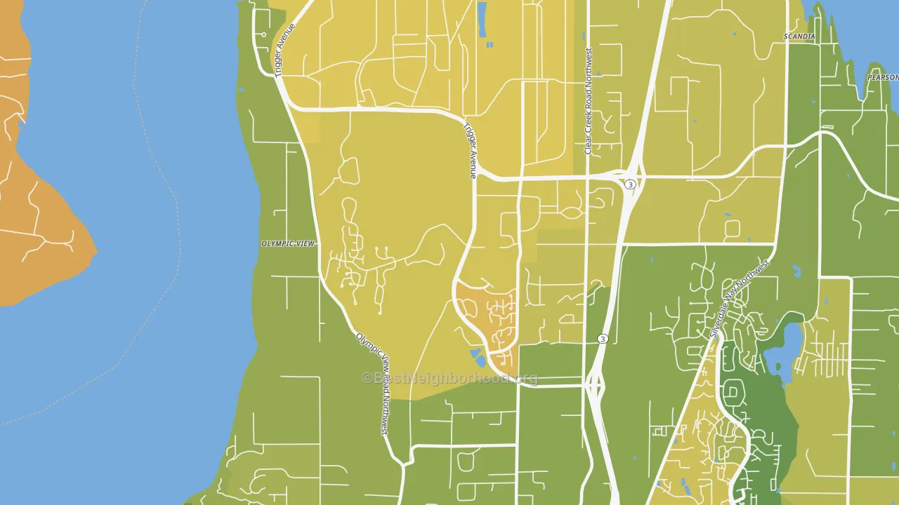 Map of the best neighborhoods in the Bangor Base area, with better matches in green and worse matches in red