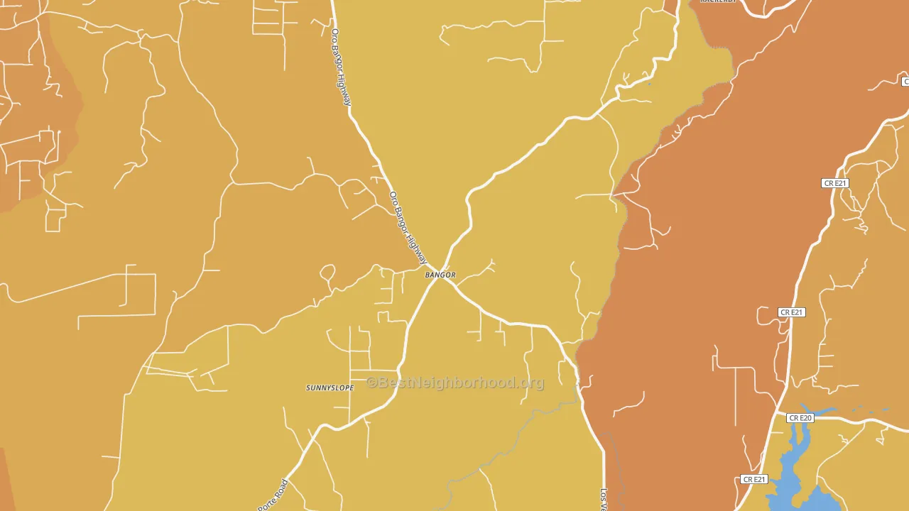 Map of the best neighborhoods in the Bangor area, with better matches in green and worse matches in red