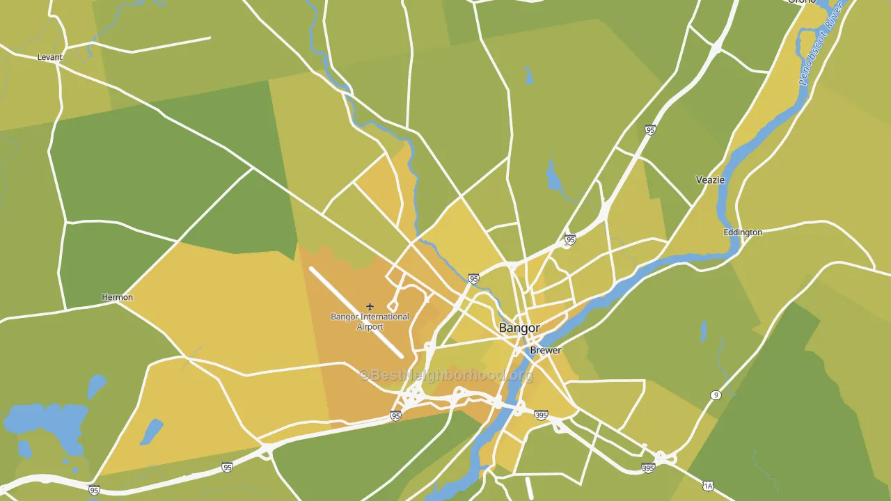 Map of the best neighborhoods in the Bangor Metro area, with better matches in green and worse matches in red