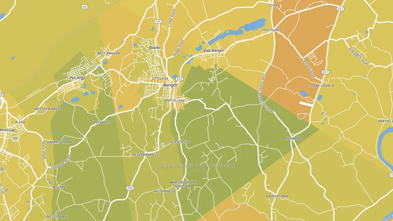 Map of the best neighborhoods in the Bangor area, with better matches in green and worse matches in red