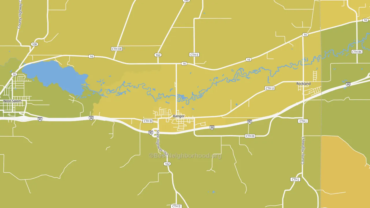Map of the best neighborhoods in the Bangor area, with better matches in green and worse matches in red