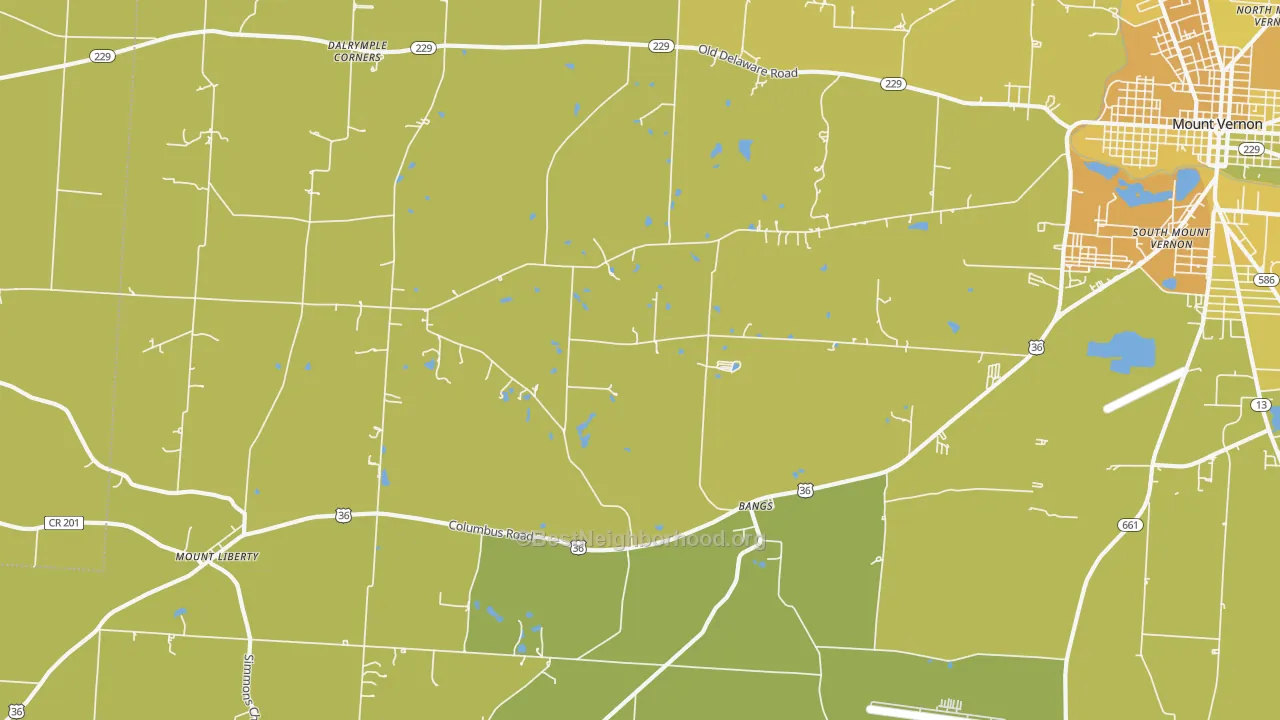 Map of the best neighborhoods in the Bangs area, with better matches in green and worse matches in red