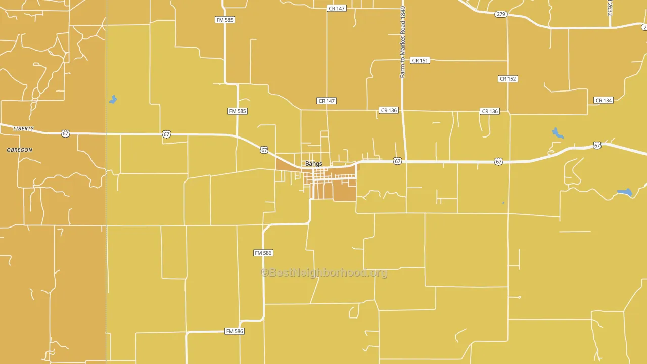 Map of the best neighborhoods in the Bangs area, with better matches in green and worse matches in red