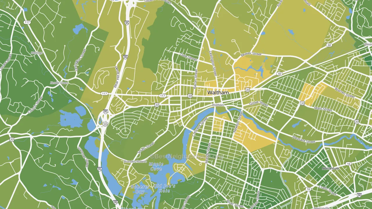 Map of the best neighborhoods in the Bank Square, Waltham area, with better matches in green and worse matches in red