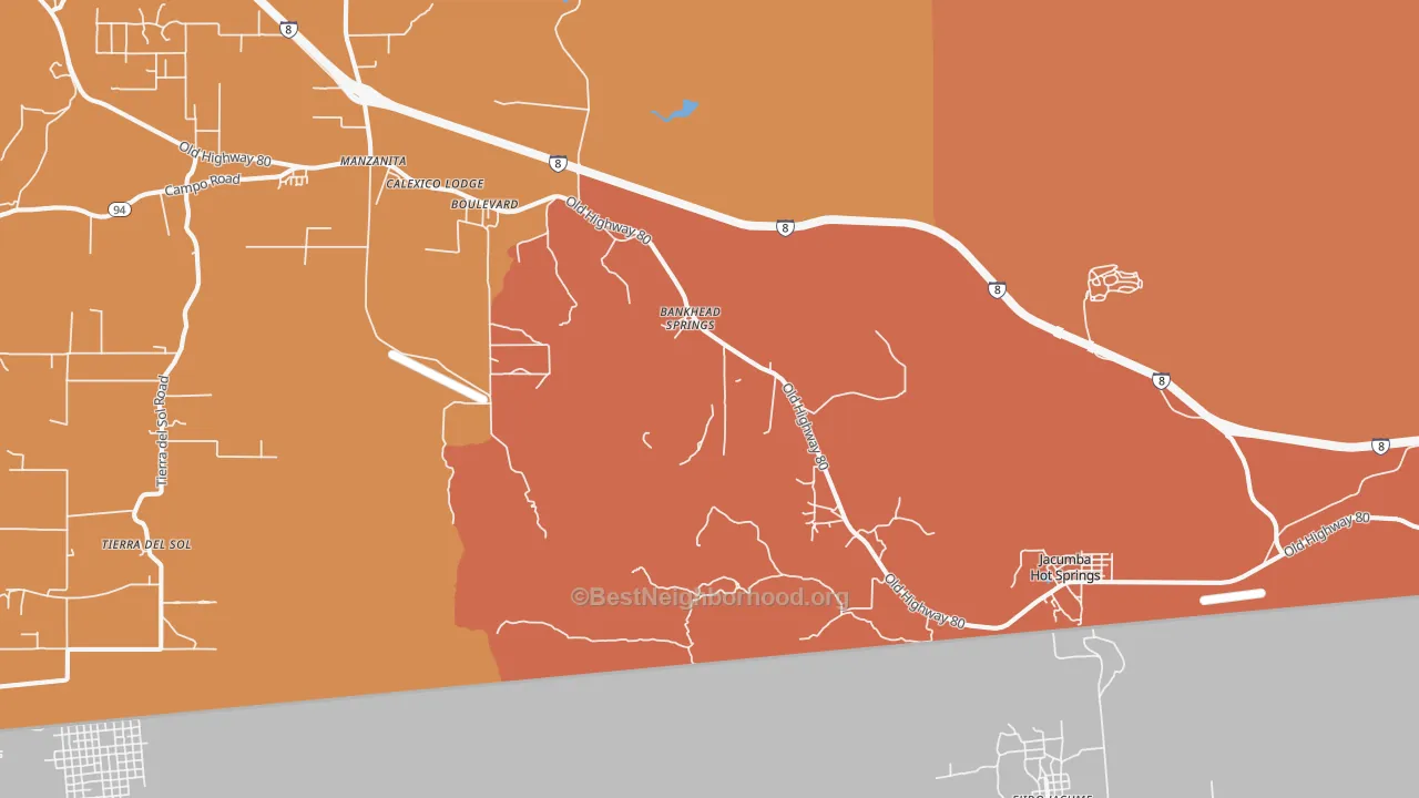 Map of the best neighborhoods in the Bankhead Springs area, with better matches in green and worse matches in red