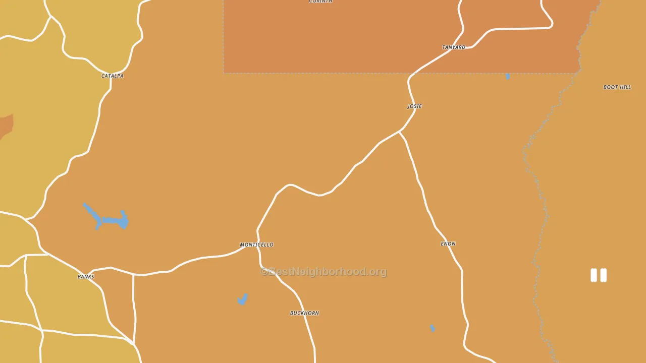 Map of the best neighborhoods in the Banks area, with better matches in green and worse matches in red