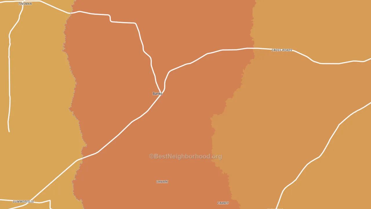 Map of the best neighborhoods in the Banks area, with better matches in green and worse matches in red