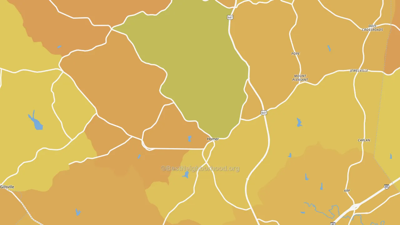 Map of the best neighborhoods in the Banks County area, with better matches in green and worse matches in red