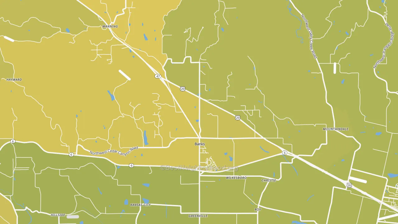 Map of the best neighborhoods in the Banks area, with better matches in green and worse matches in red