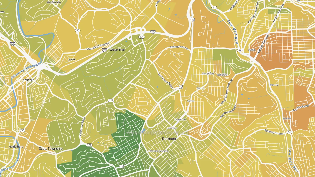 Map of the best neighborhoods in the Banksville, Pittsburgh area, with better matches in green and worse matches in red