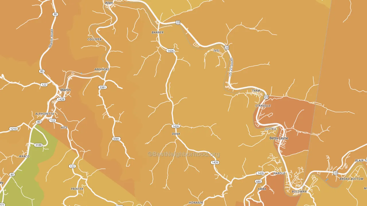 Map of the best neighborhoods in the Banner area, with better matches in green and worse matches in red
