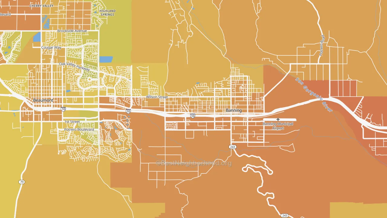 Map of the best neighborhoods in the Banning area, with better matches in green and worse matches in red